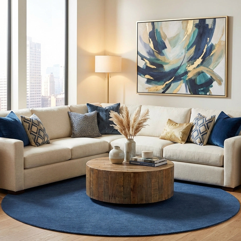 blue round wool rug in living room