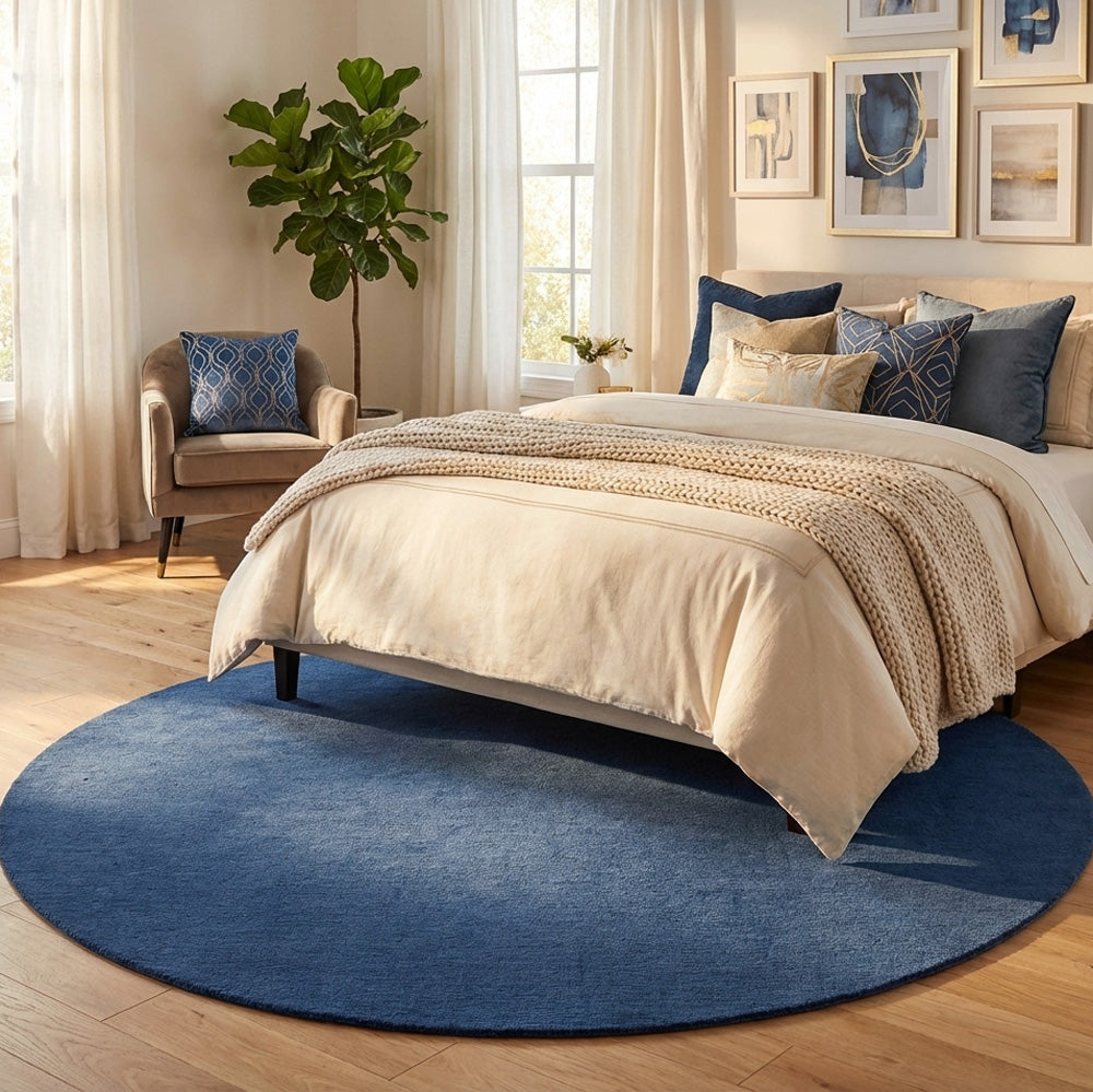 round wool rug in modern bedroom