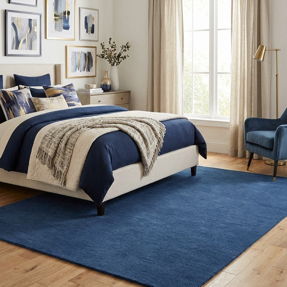blue plain wool rug in modern bedroom