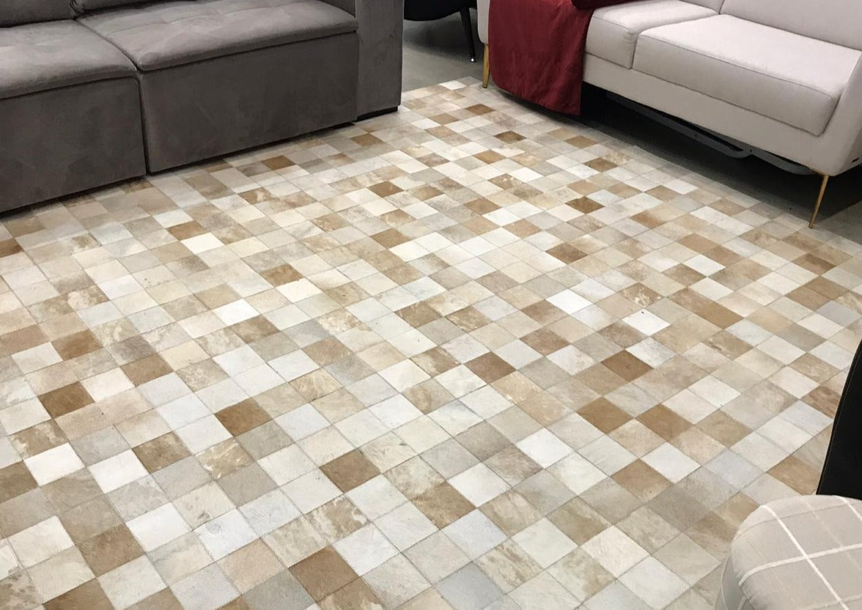 Beige And White Block Cowhide Patchwork Rug