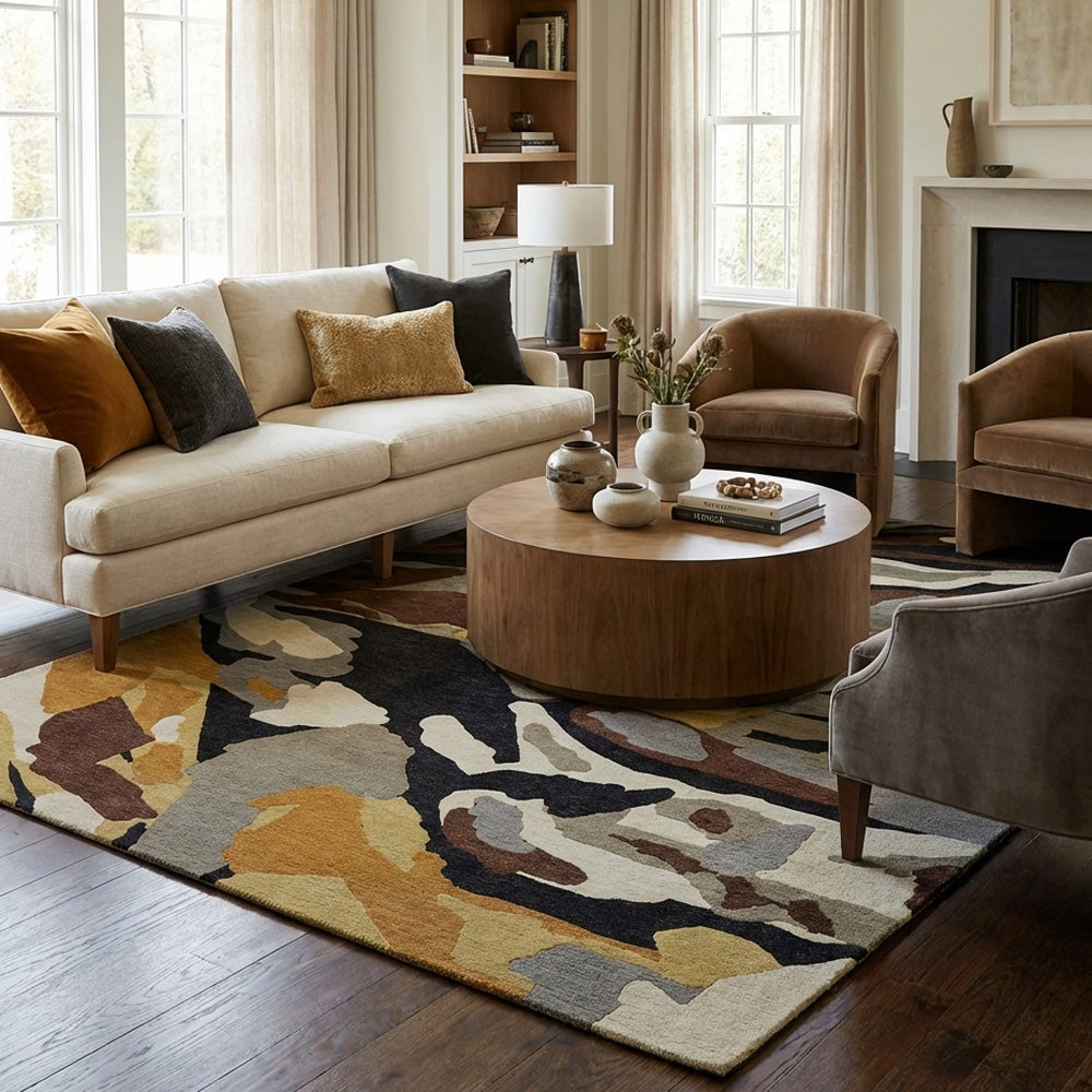 Earthscape Abstract Wool Rug hand-tufted in New Zealand wool with olive, mustard, charcoal, brown, grey, ivory and black organic pattern.