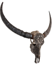 Authentic Dark Grey Hand Carved Buffalo Skull And Horns