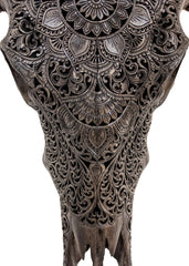 Authentic Dark Grey Hand Carved Buffalo Skull And Horns