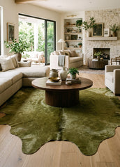 Olive green cowhide rug in the living room