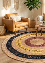 Yellow & Black Handmade Jute Round Rug