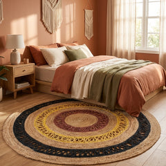 Yellow & Black Handmade Jute Round Rug