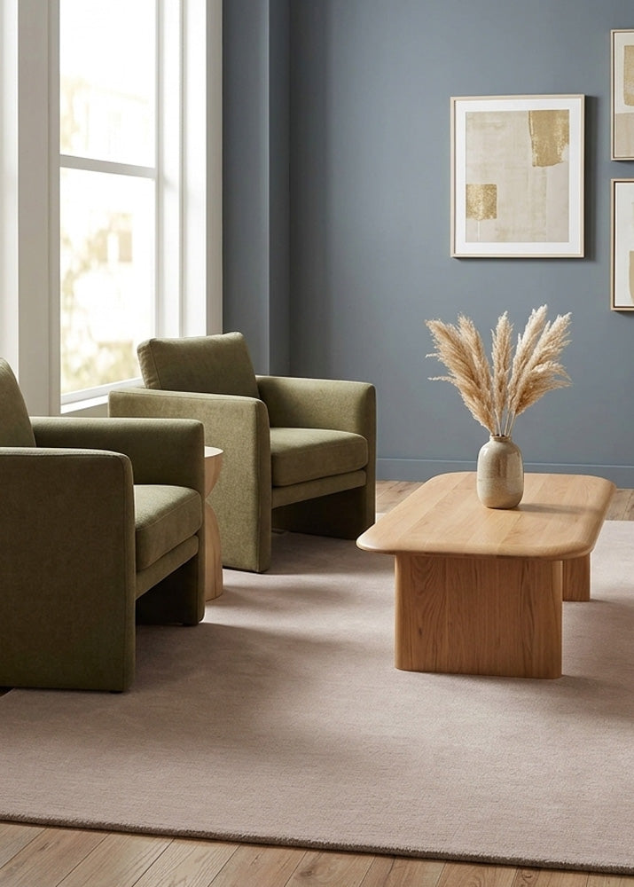 Taupe plain wool rug in living room