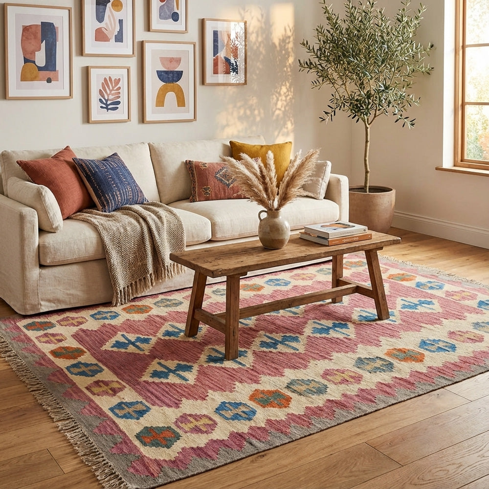 Living room with a beige sofa, wooden coffee table, and colorful kilim rug.