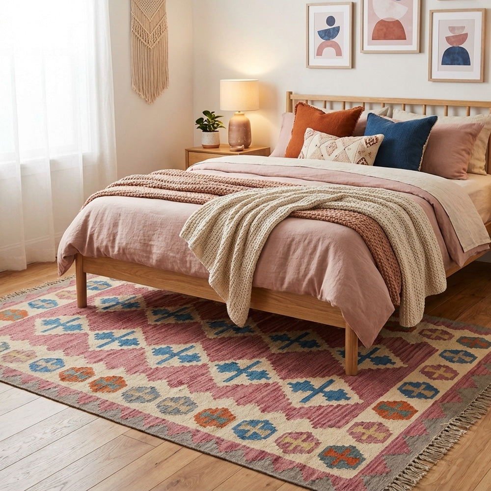 Bedroom with a wooden bed, colorful bedding, and a patterned kilim rug.