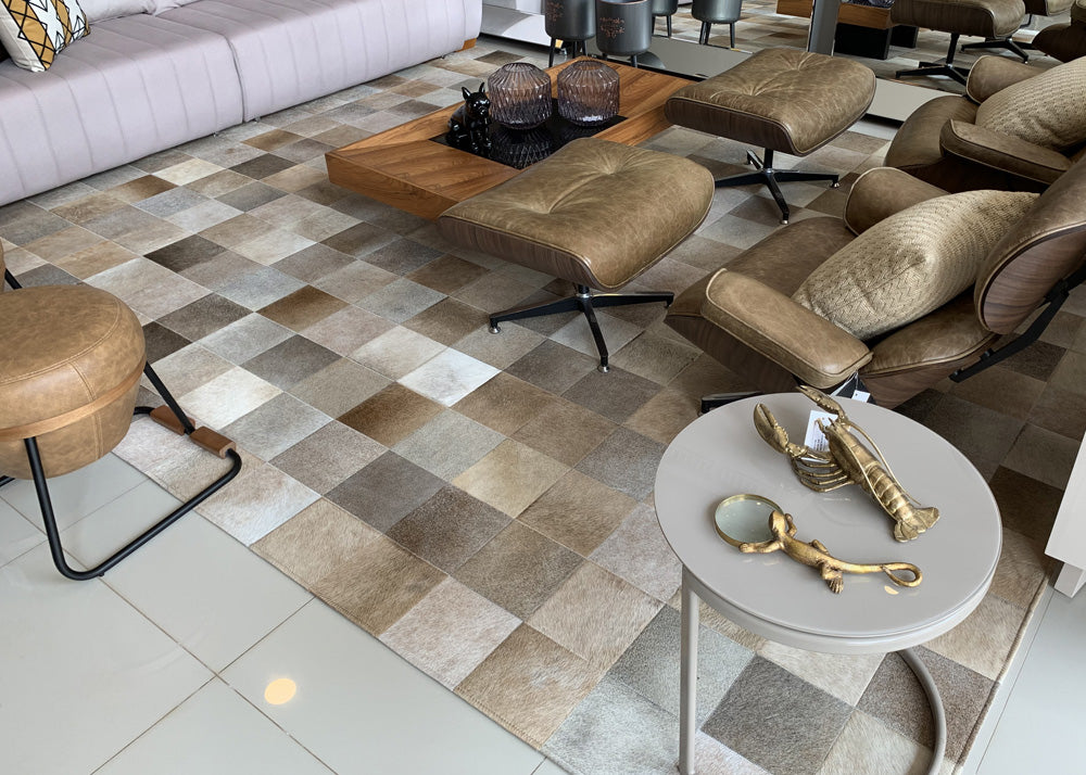 beige, grey and brown cowhide patchwork rug handmade