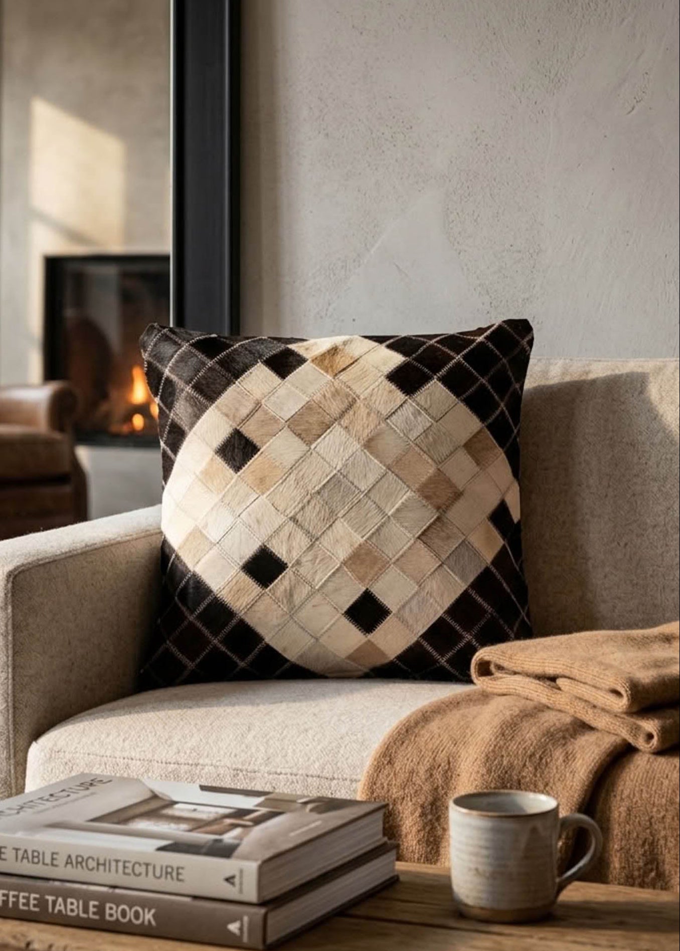 Black and ivory cowhide patchwork cushion with diamond design styled on a neutral armchair
