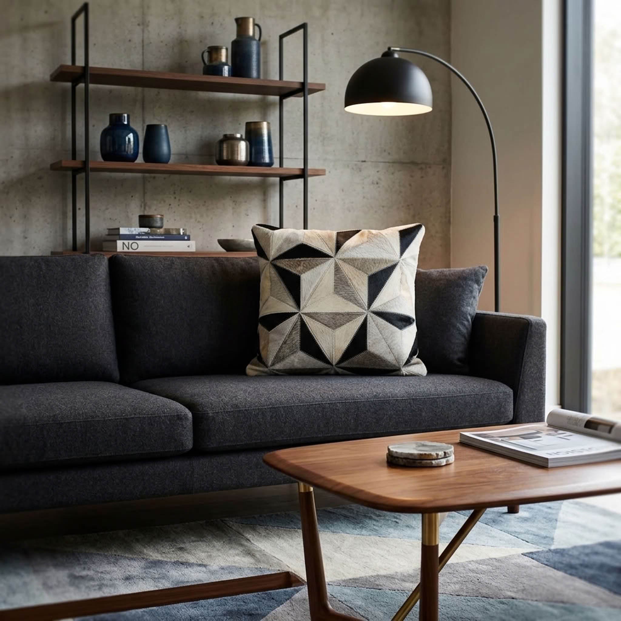 Black and ivory geometric cowhide patchwork cushion on a charcoal sofa in a modern interior
