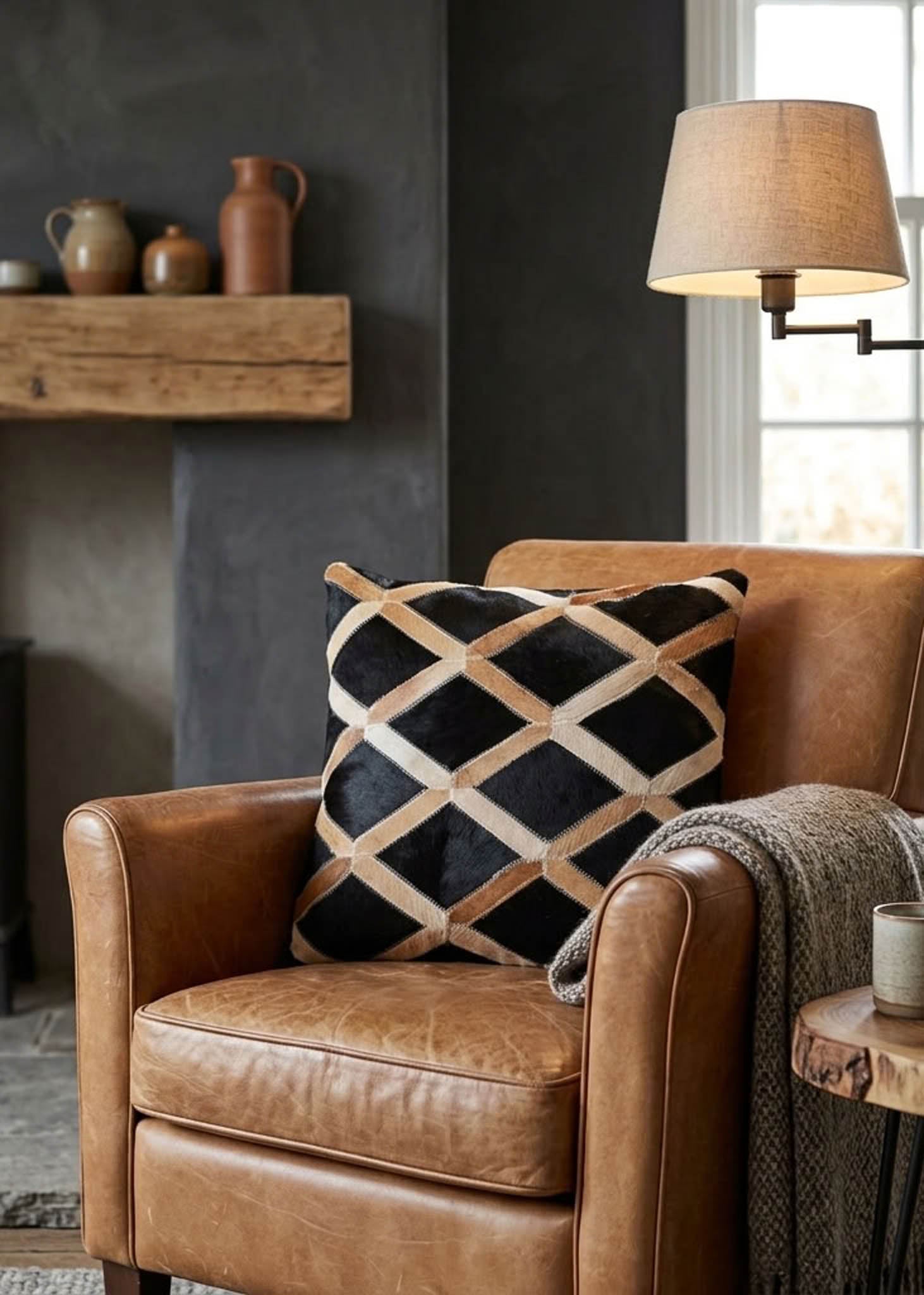 Black and tan cowhide patchwork cushion with lattice design styled on a tan leather armchair