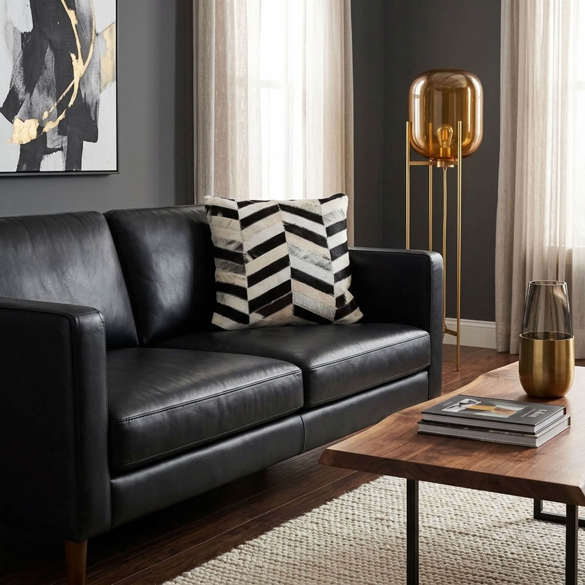 Black and white chevron cowhide cushion styled on a black leather sofa in a contemporary interior