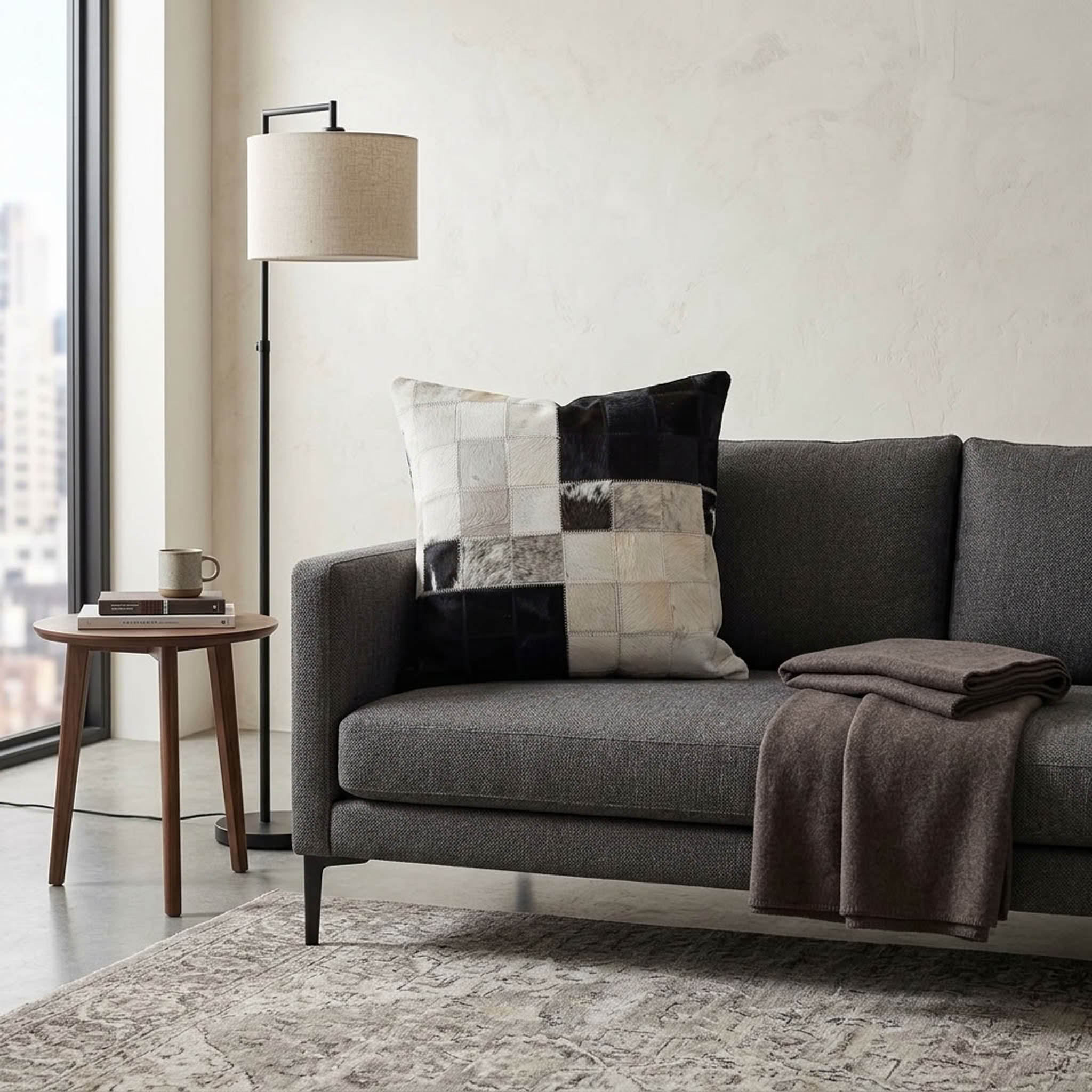 Black and white colour block cowhide cushion styled on a grey sofa in a contemporary living room
