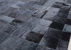 Solid Black Block Cowhide Patchwork Rug