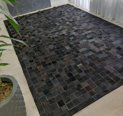 Solid Black Block Cowhide Patchwork Rug