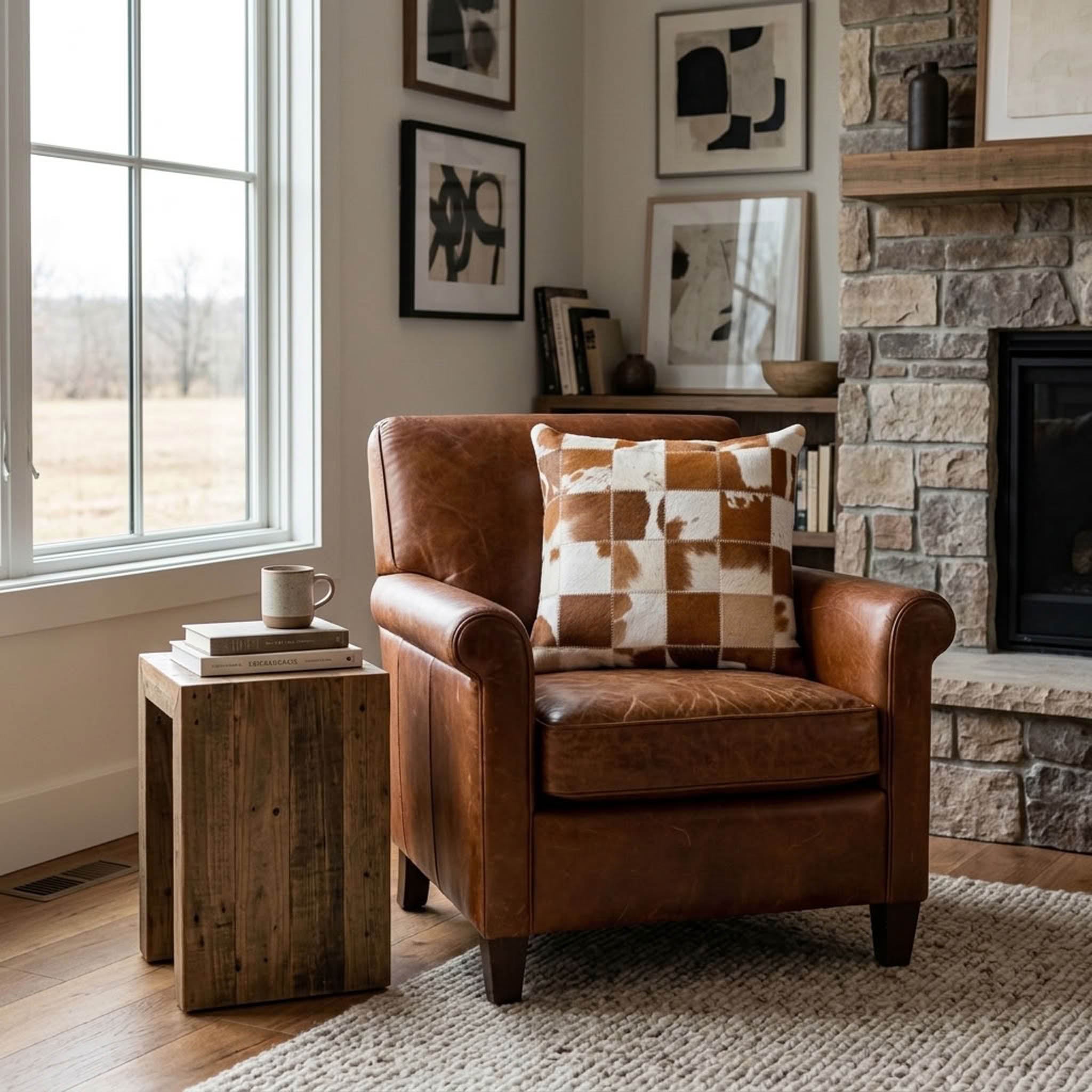 Brown and white checkered cowhide cushion styled on a brown leather armchair