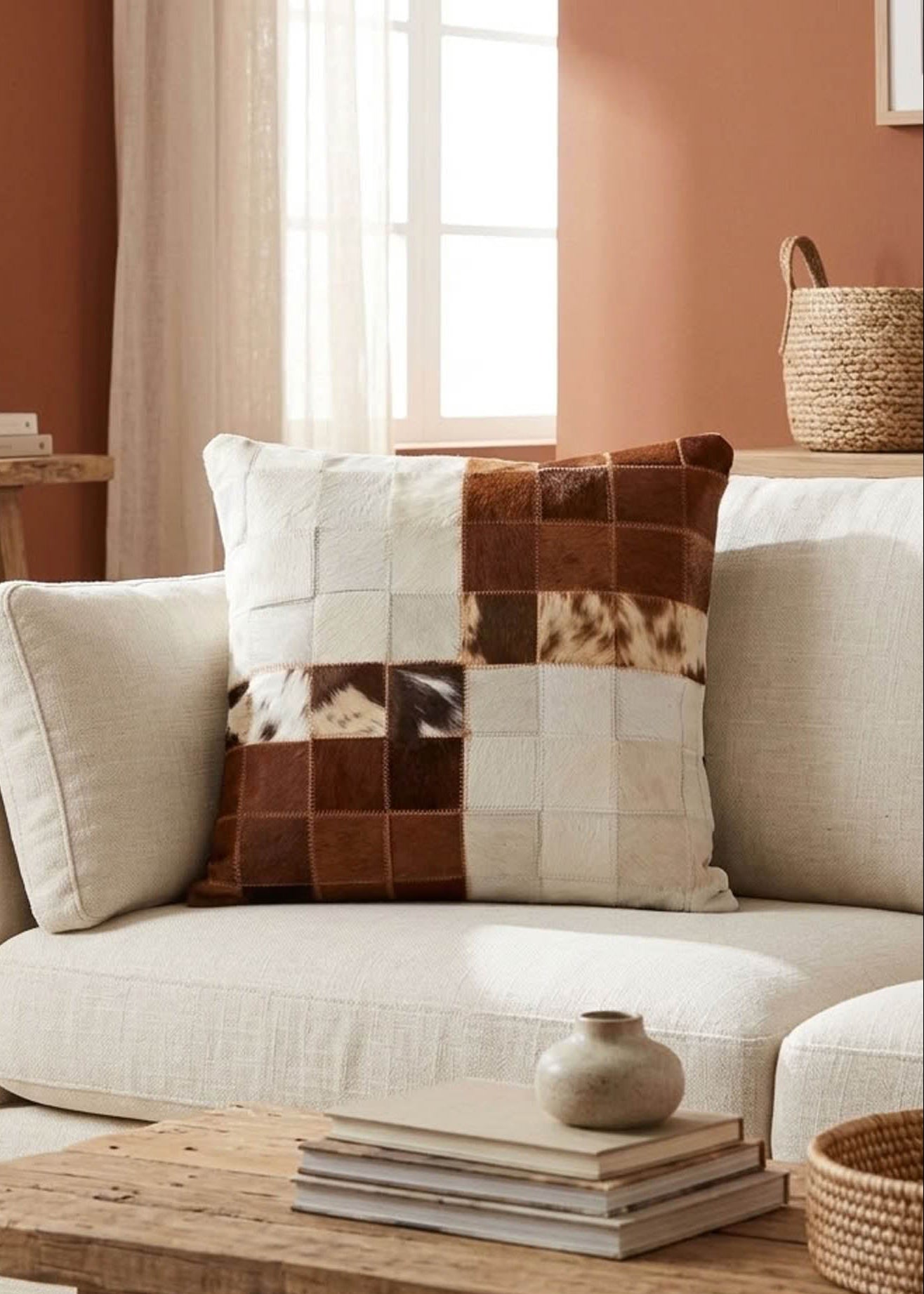 Brown and white color block cowhide cushion styled on a cream sofa in a warm neutral interior