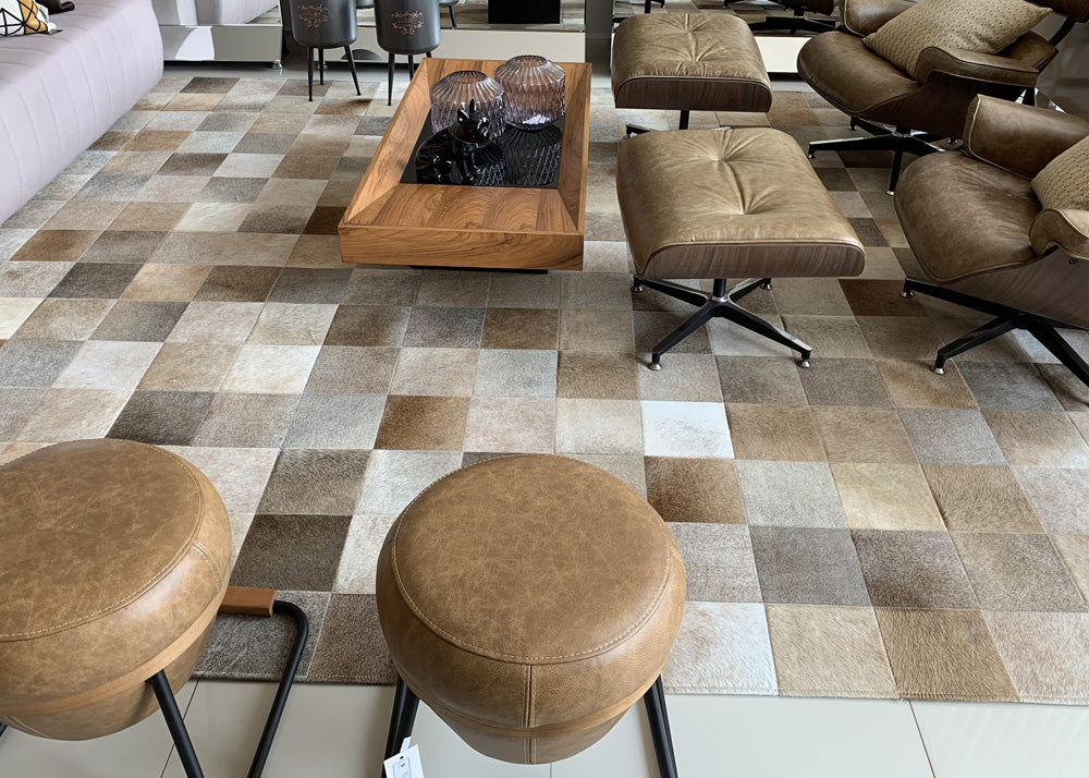 cowhide patchwork rug in modern Australian living room