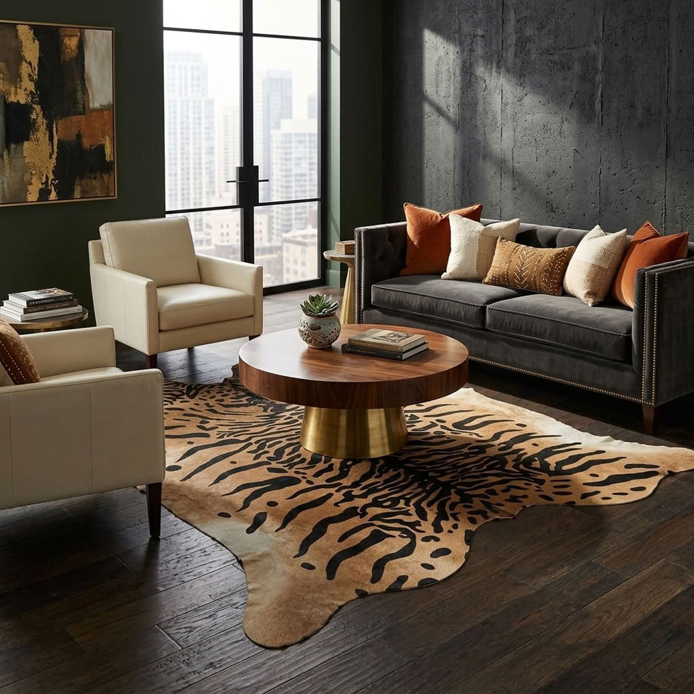 Dark tan tiger printed cowhide floor rug for statement interiors