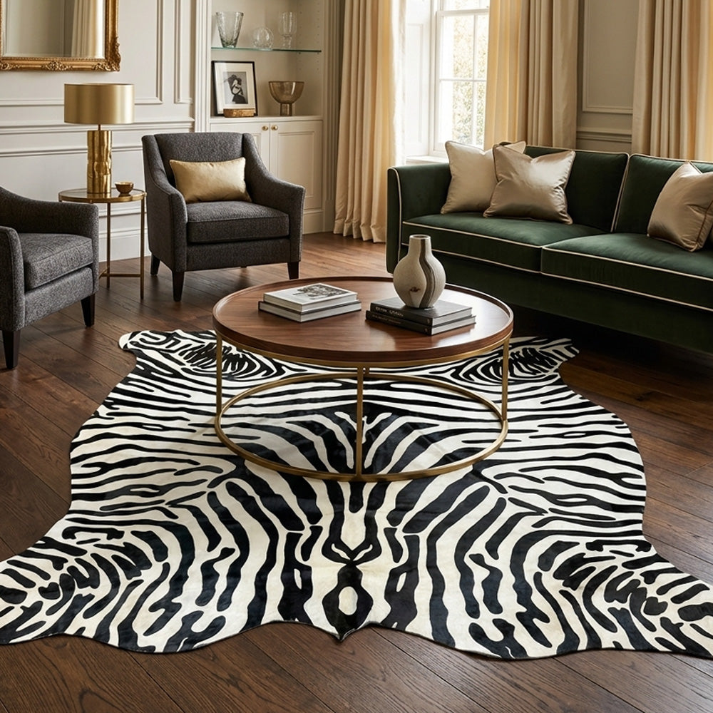 zebra print cowhide rug in the living room