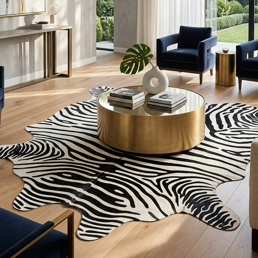 zebra print cowhide rug in the lounge