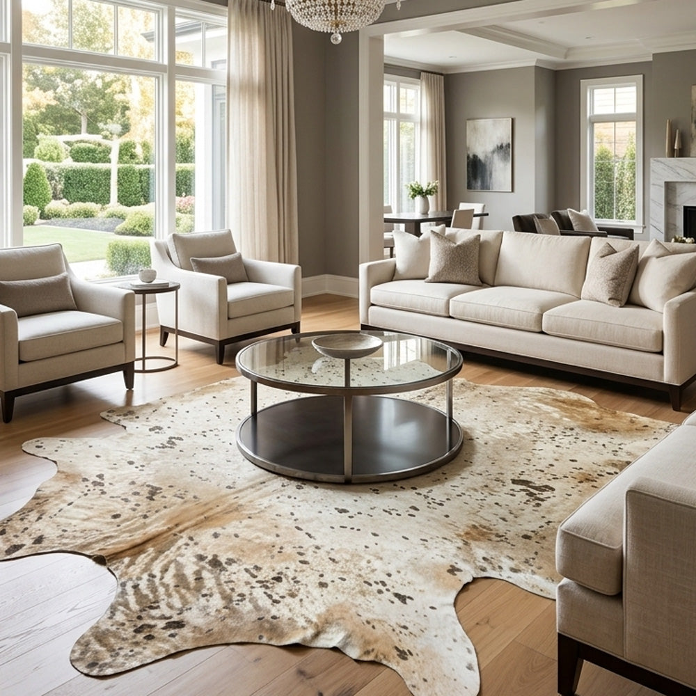 gold speckled cowhide rug in the living room