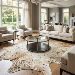 gold speckled cowhide rug in the living room