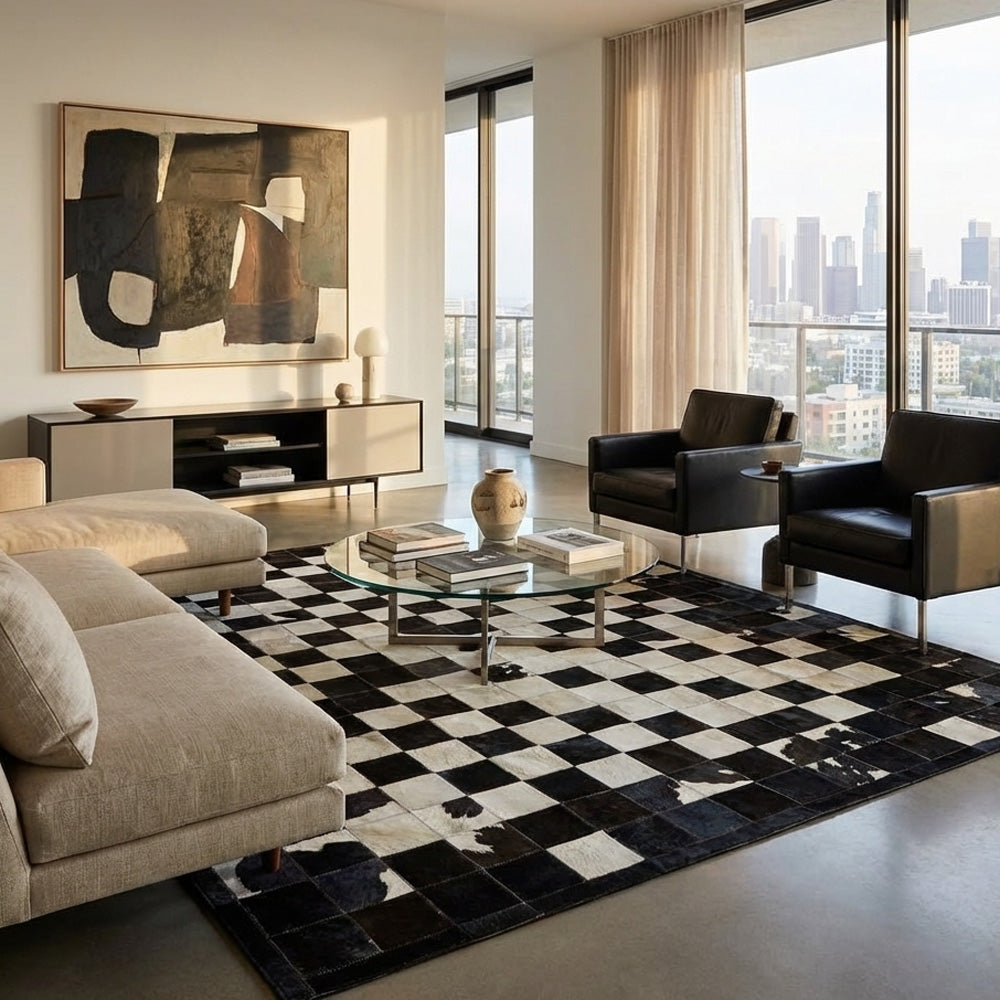 cowhide patchwork rug in chess block pattern in black and white