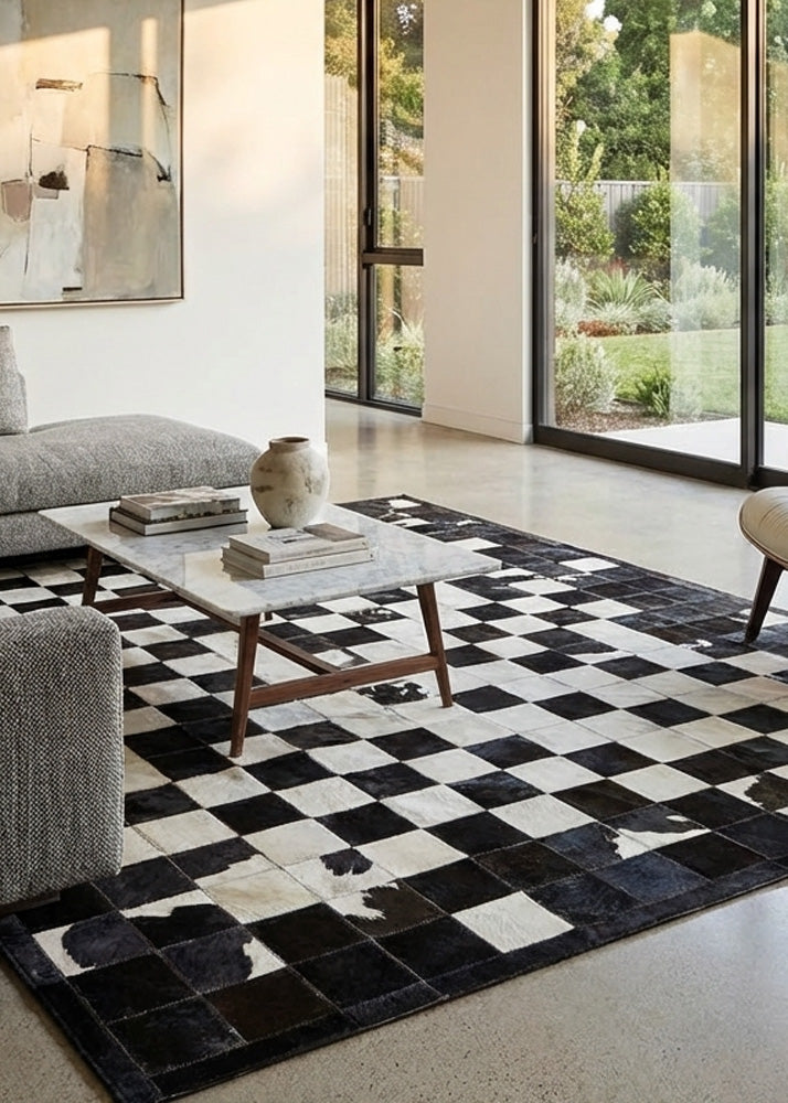 cowhide patchwork rug in chess block pattern in black and white