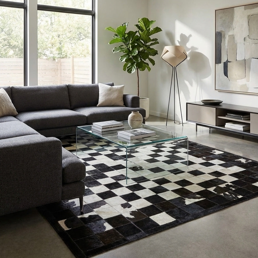 cowhide patchwork rug in chess block pattern in black and white in modern living room