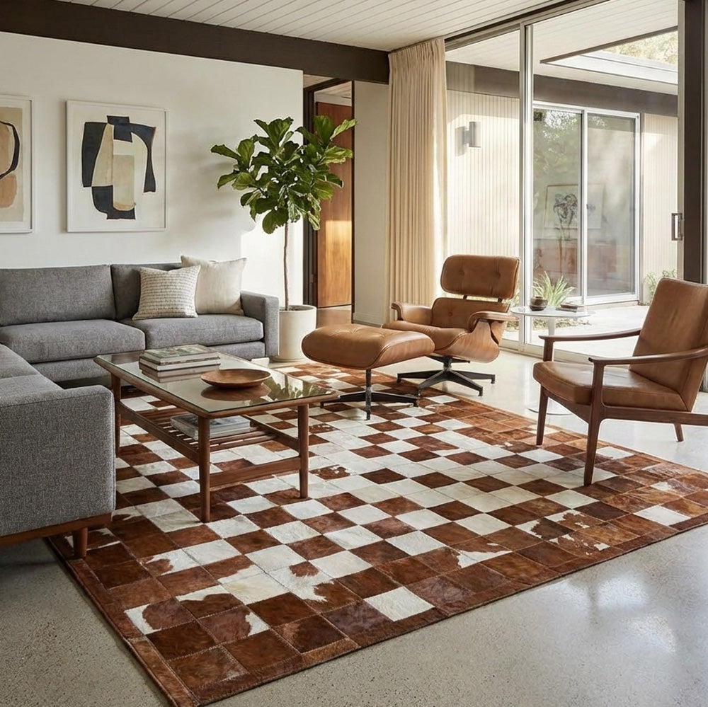 cowhide patchwork rug in block pattern in modern living room