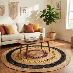 Yellow & Black Handmade Jute Round Rug