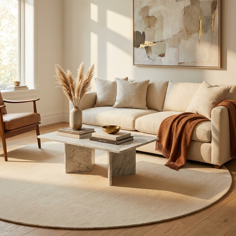 Pale beige round wool rug in living room
