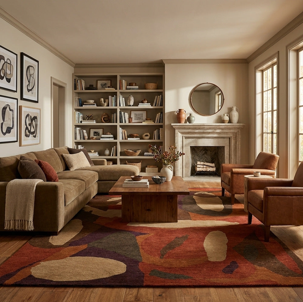 Clay forms wool rug with bold abstract organic shapes in rust, brown, plum, charcoal and beige tones.