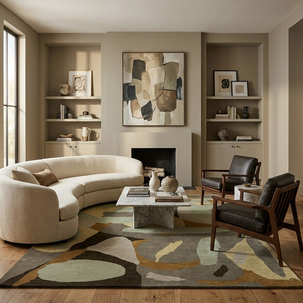 Clay Forms hand-tufted NZ wool rug with organic abstract shapes in sage, olive, soft grey, muted gold, ivory and warm neutral tones.