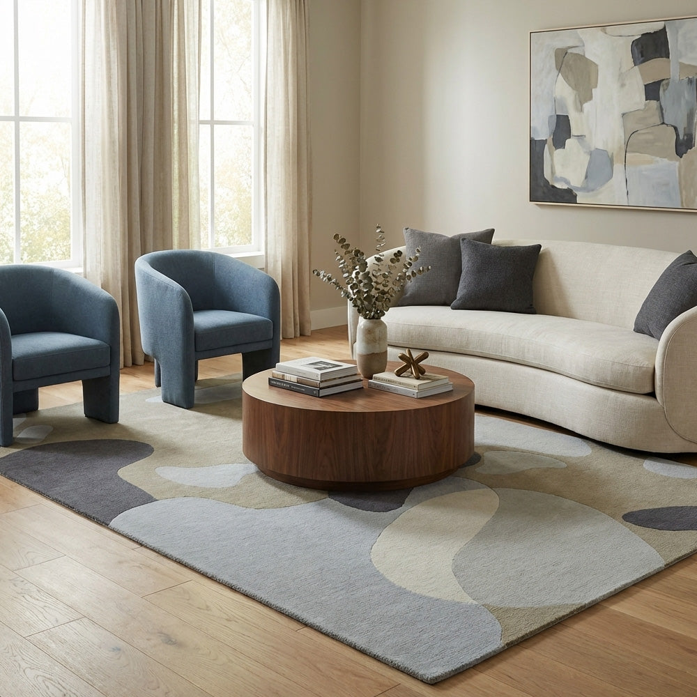Stone Abstract Wool Rug hand-tufted in New Zealand wool with stone, light grey, beige, ivory, taupe and charcoal organic abstract pattern.