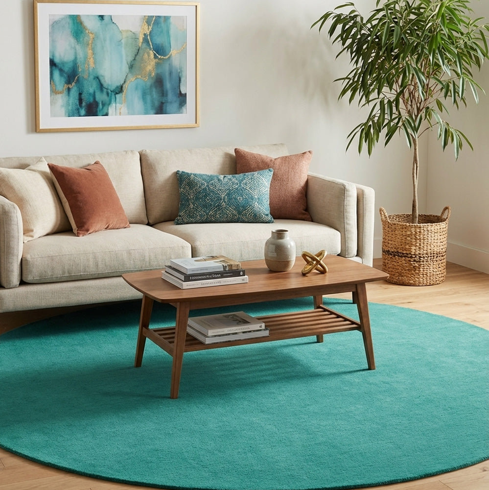 Teal green round wool rug in living room