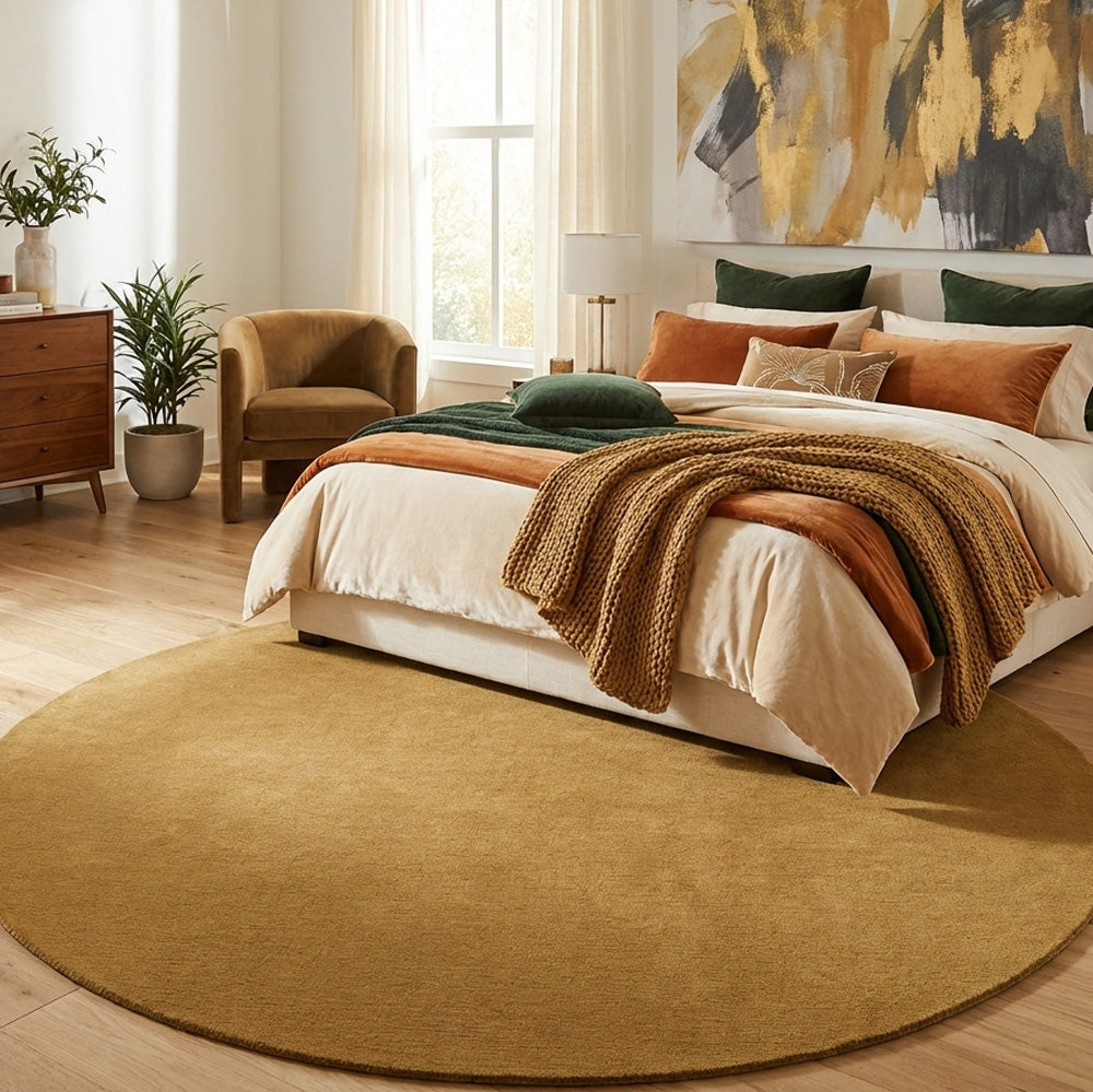 round wool rug in bedroom