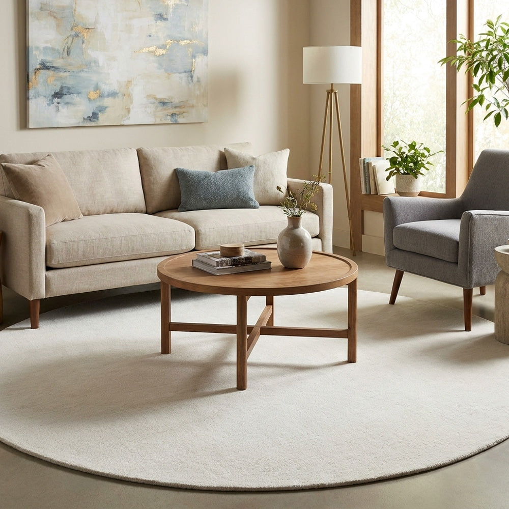 Hand tufted white round wool rug in modern living room
