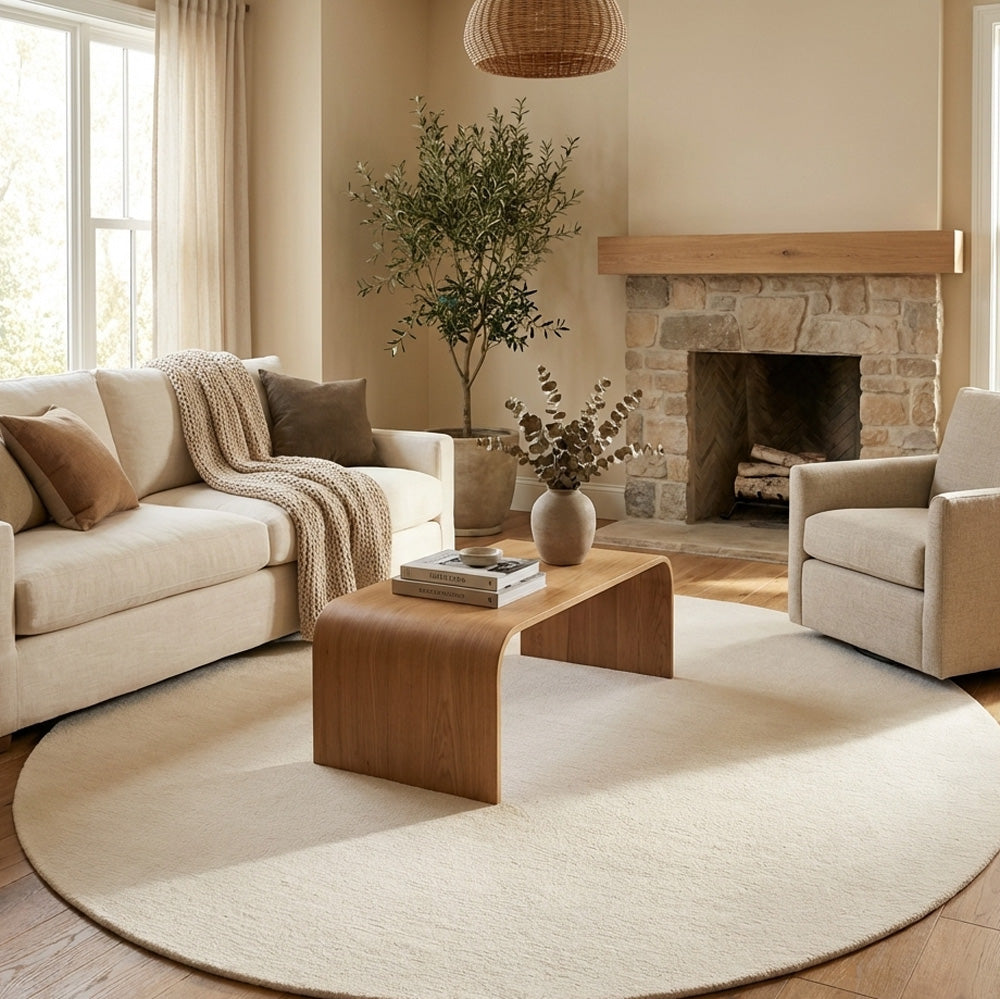 Cream round wool rug in living room