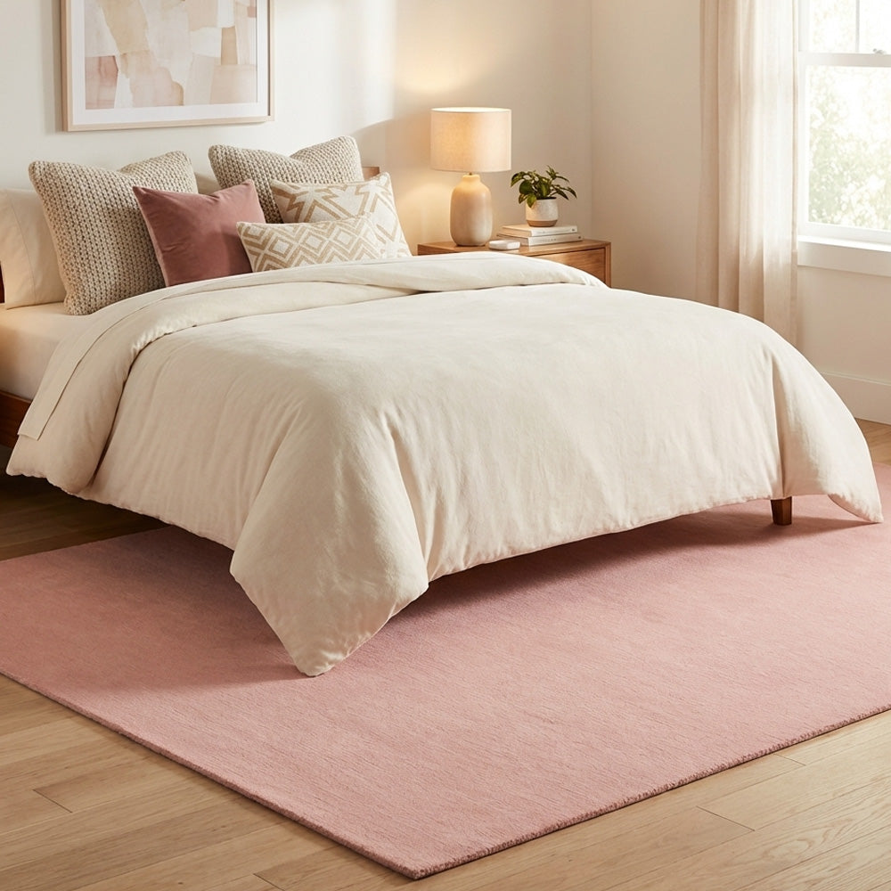 pink wool rug in modern bedroom