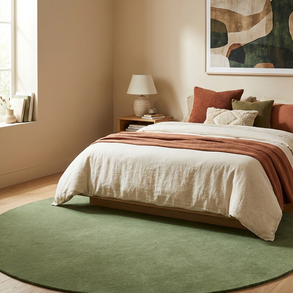 Green round wool rug in bedroom
