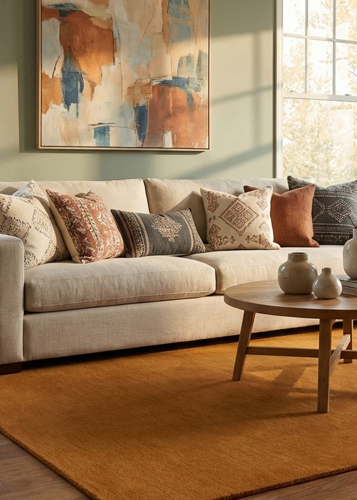 Orangish brown wool rug in modern living room