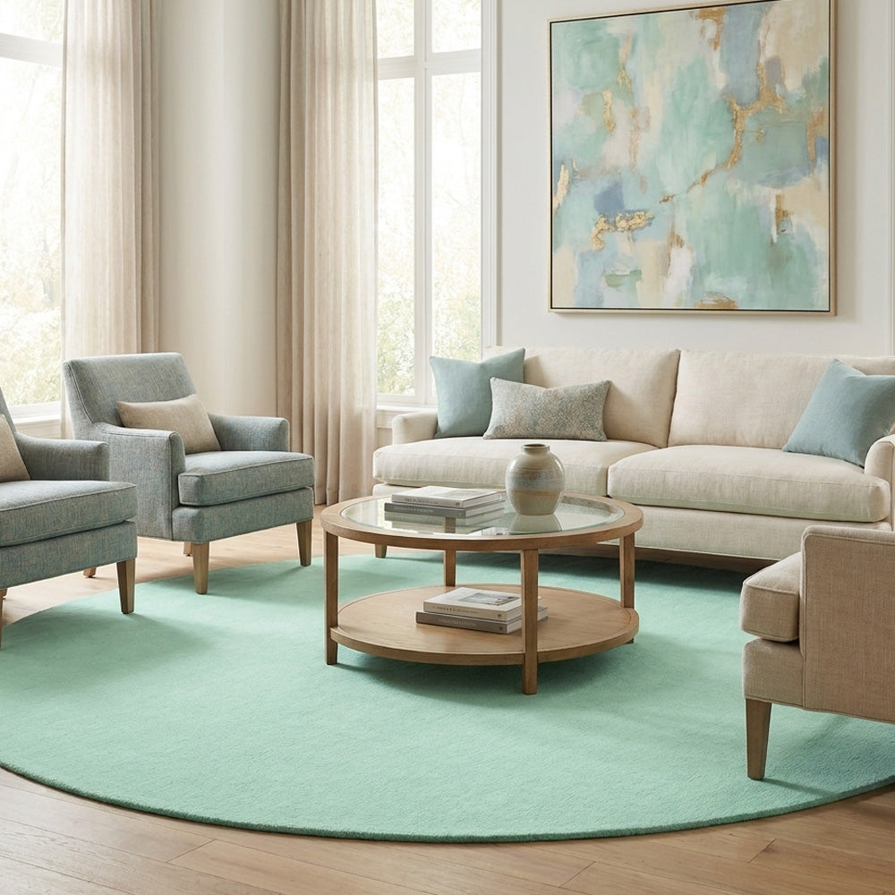 Mint green round wool rug in modern living room