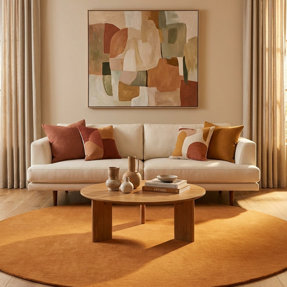 Orange round wool rug in modern living room