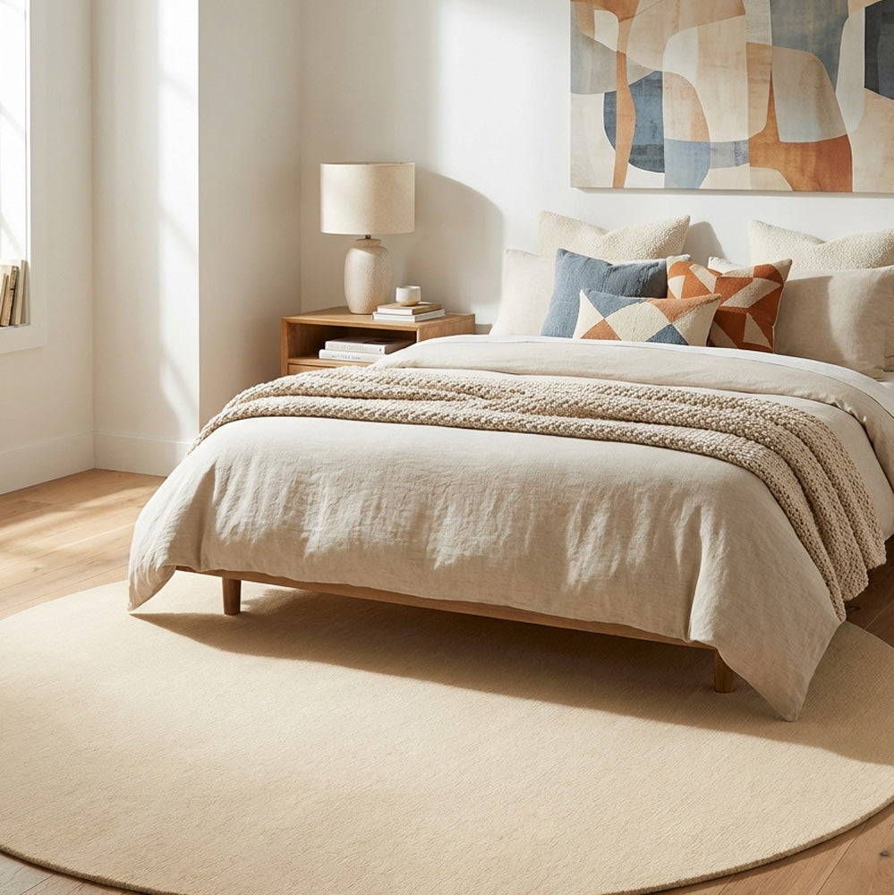 Linen cream round wool rug in modern bedroom