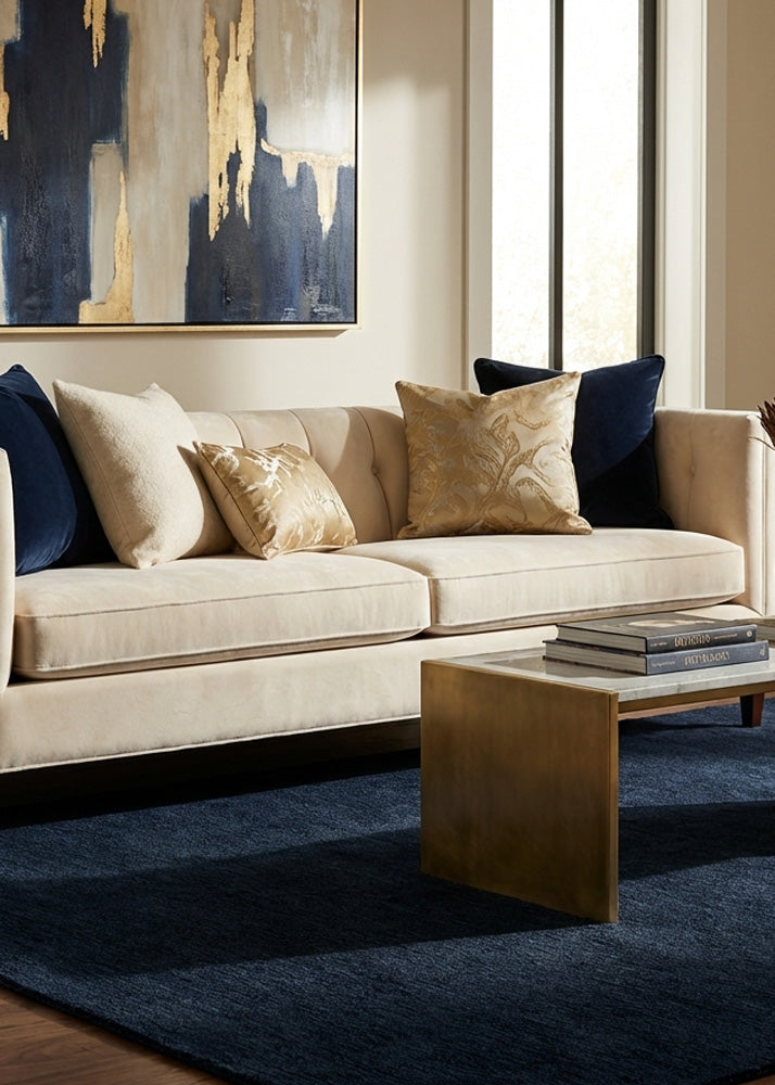 Navy blue wool rug in modern living room