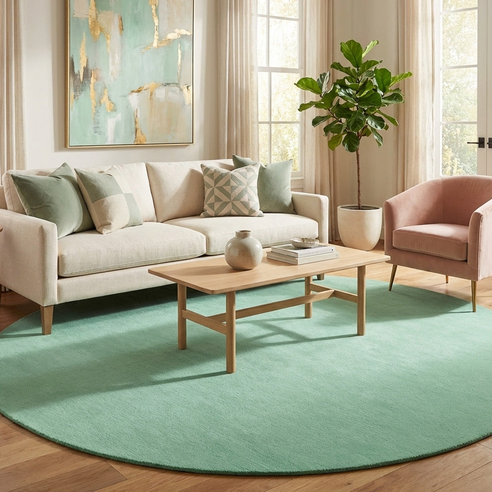 Sea green round wool rug in modern living room